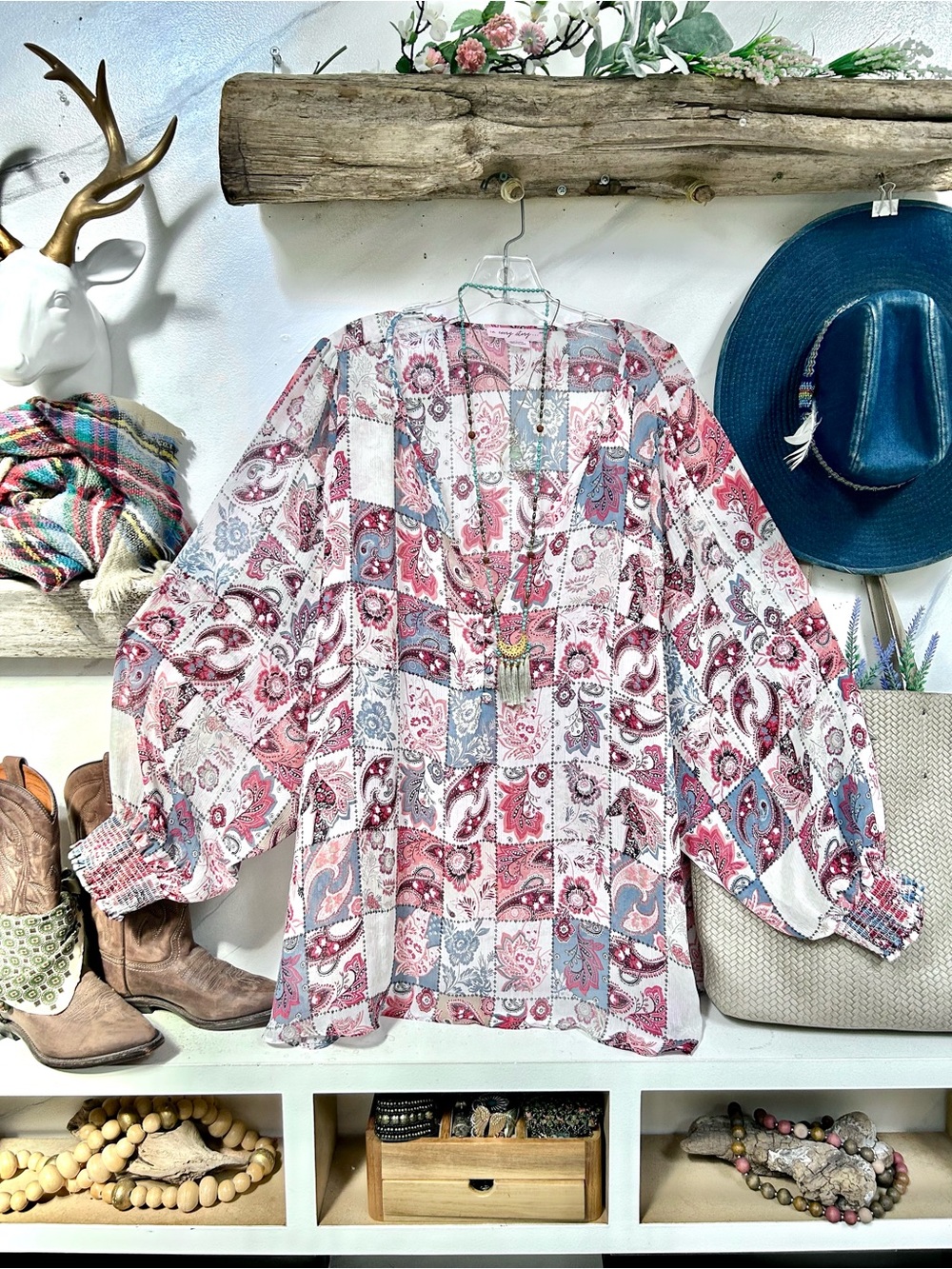 Patchwork Paisley print Tunic boho Top resort vacay shabby chic folk floral vibe